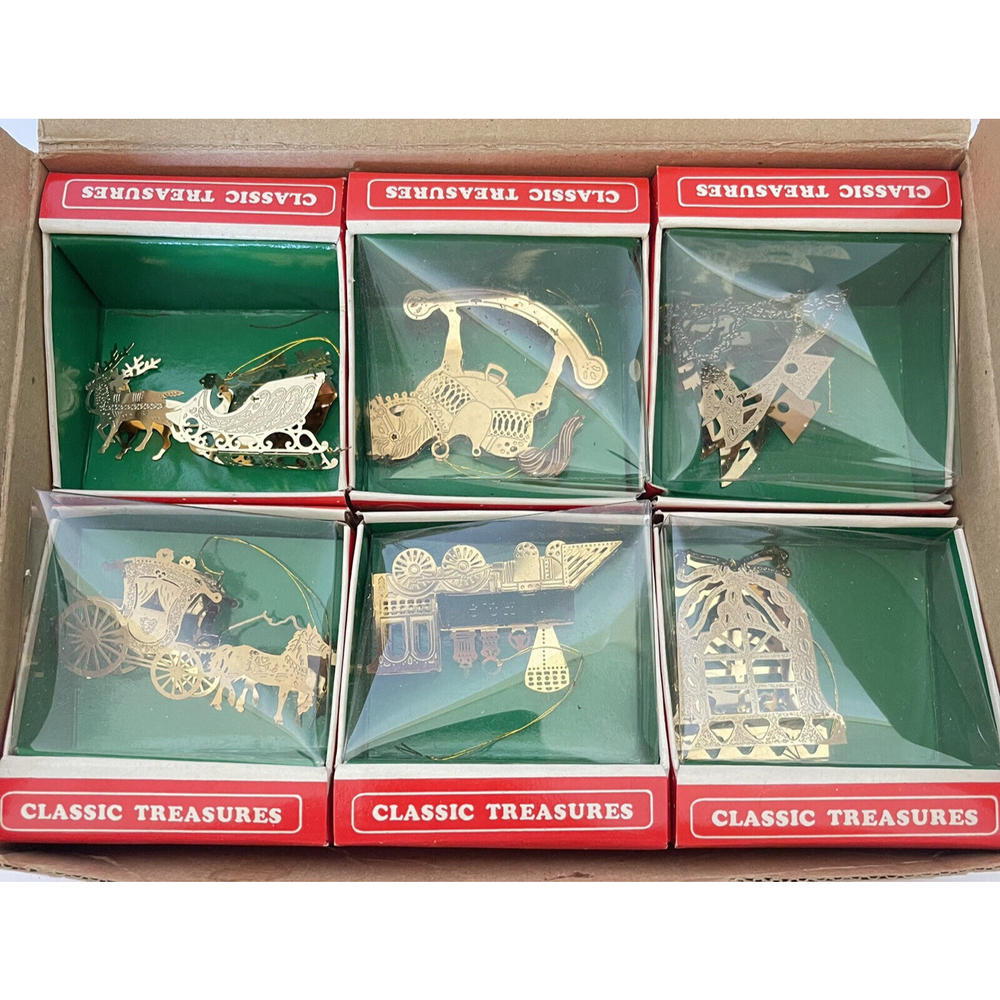 6 CLASSIC TREASURES Christmas Ornaments Brass Sleigh Bell Tree Horse Train